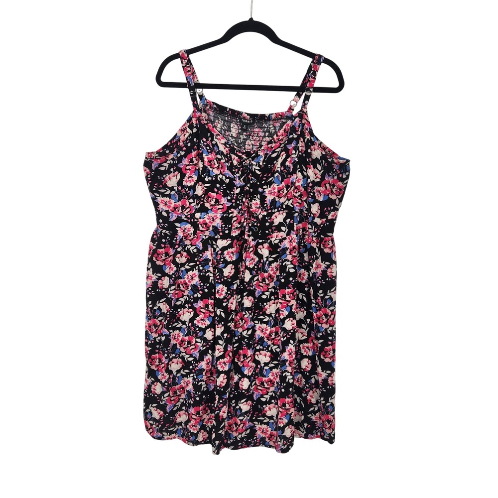 Torrid Plus Size 4 Black Floral Lace Up Front Smocked Back Mini Dress Rayon
